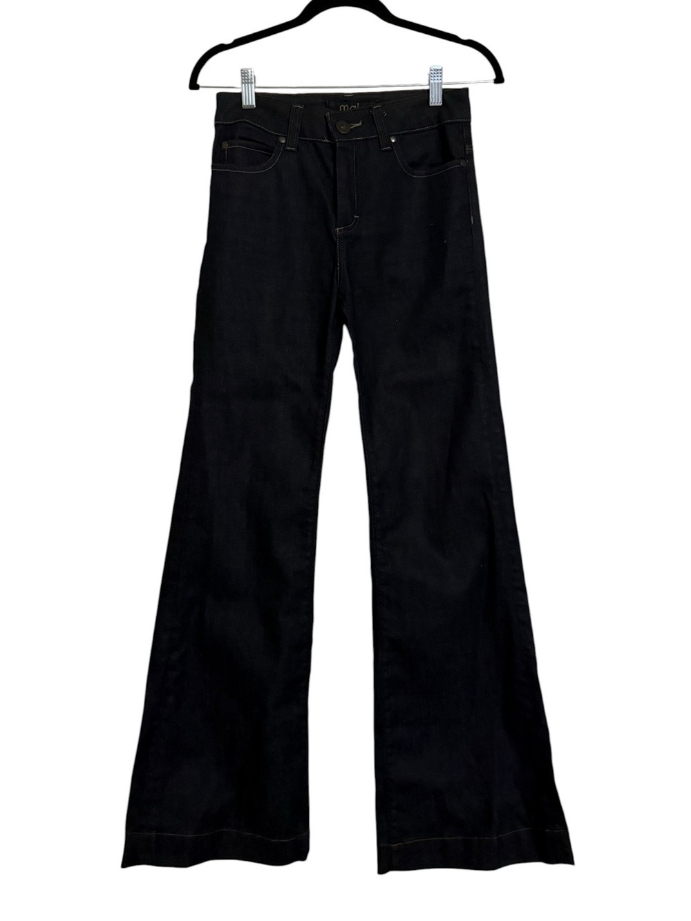 Maje Bedevon Dark Navy Wide Leg Flare Jeans Size 24 High Rise Contrast Stitch
